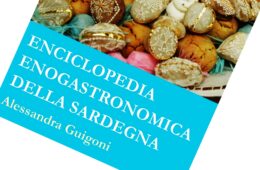 Book cover: Enciclopedia Enogastronomica della Sardegna on a bright blue banner over a background of decorated pastries/cookies, rotated diagonal view.