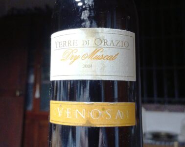 Wine bottle with two labels: white top reading 'TERRE DI ORAZIO' and 'Dry Muscat' with year 2004; gold bottom label with partially illegible text