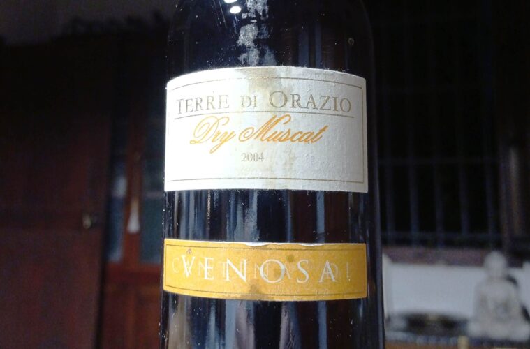 Wine bottle with two labels: white top reading 'TERRE DI ORAZIO' and 'Dry Muscat' with year 2004; gold bottom label with partially illegible text