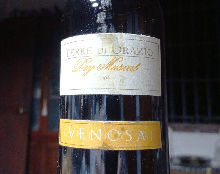 Wine bottle with two labels: white top reading 'TERRE DI ORAZIO' and 'Dry Muscat' with year 2004; gold bottom label with partially illegible text