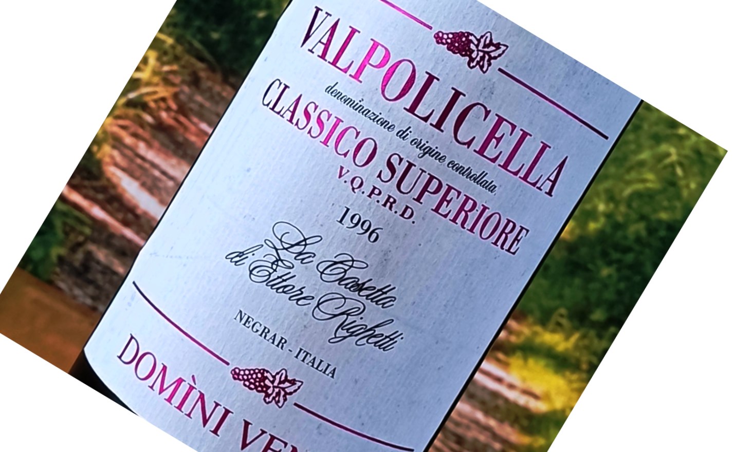Close-up of a wine bottle label reading 'Valpolicella Classico Superiore' with the year 1996 visible, set outdoors.