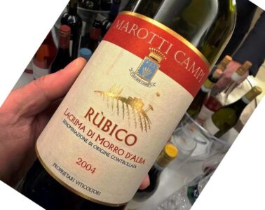 Close-up of a hand holding a wine bottle tilted, label reads Rubico with a red band and crest, vintage 2004.