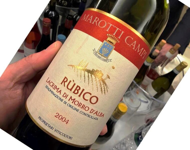 Close-up of a hand holding a wine bottle tilted, label reads Rubico with a red band and crest, vintage 2004.