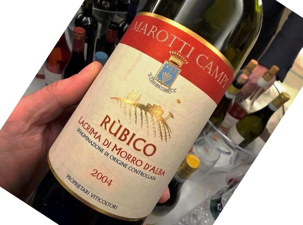 Close-up of a hand holding a wine bottle tilted, label reads Rubico with a red band and crest, vintage 2004.
