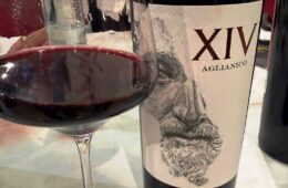 Red wine glass in the foreground with a bottle labeled XIV Aglianico and a sketchy artwork on the label in the background.