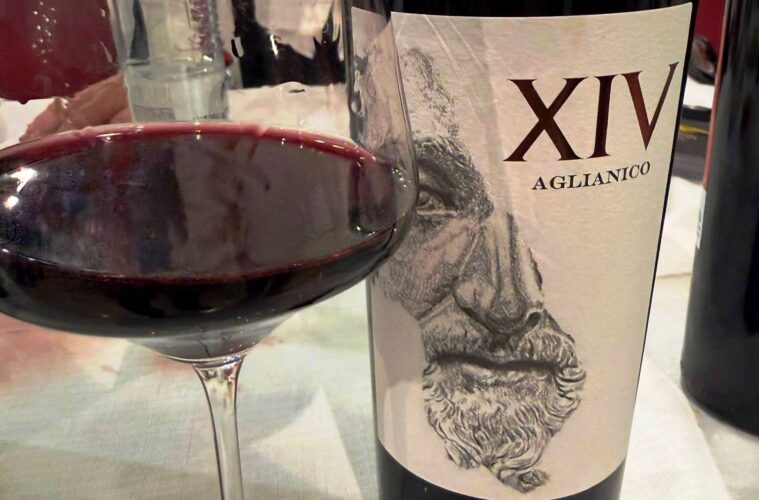 Red wine glass in the foreground with a bottle labeled XIV Aglianico and a sketchy artwork on the label in the background.