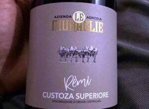 Wine bottle label reading ‘Remì’ Custoza Superiore, Azienda Agricola with a small vine illustration