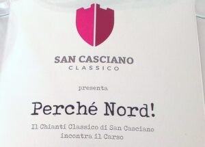 Logo for San Casciano Classico wine with a split magenta shield, followed by 'presenta' and the title 'Perché Nord!'