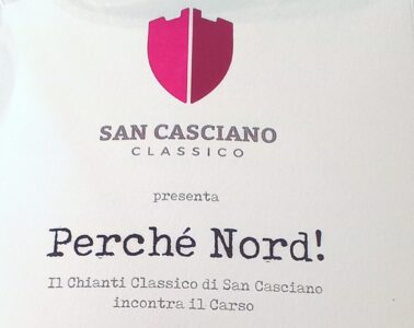 Logo for San Casciano Classico wine with a split magenta shield, followed by 'presenta' and the title 'Perché Nord!'