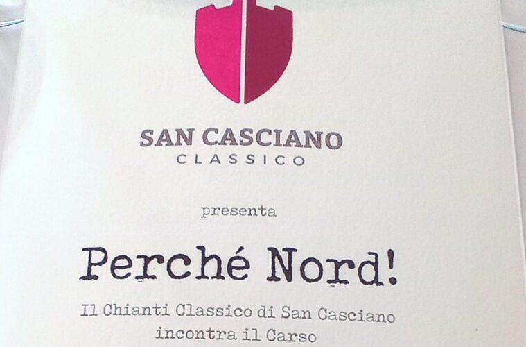 Logo for San Casciano Classico wine with a split magenta shield, followed by 'presenta' and the title 'Perché Nord!'