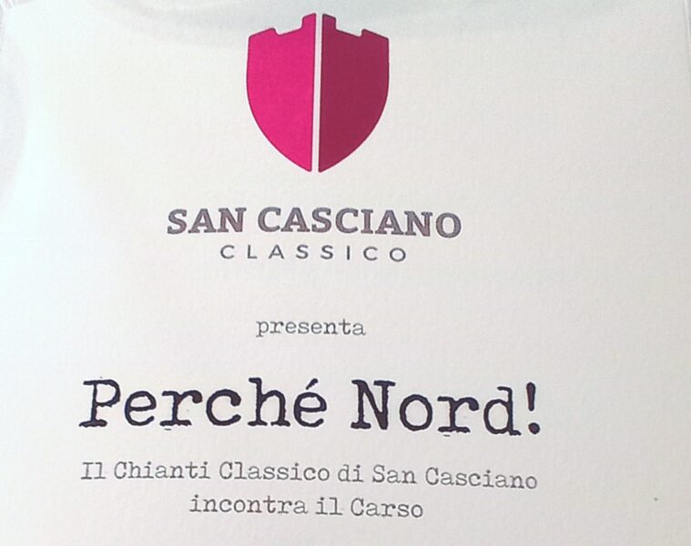Logo for San Casciano Classico wine with a split magenta shield, followed by 'presenta' and the title 'Perché Nord!'