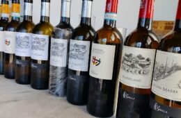 Row of wine bottles lined up on a marble surface, labels facing forward for display readout (red and white wines)