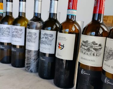 Row of wine bottles lined up on a marble surface, labels facing forward for display readout (red and white wines)