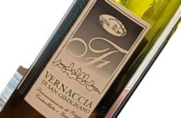 Wine bottle label reading 'VERNACCIA DI SAN GIMIGNANO' with skyline graphic and vintage seal, angled in a close-up view