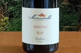 Wine bottle on a wooden table with a white label that reads Monsupello Magenga Barbera Vivace. Outdoors setting with greenery in the background.