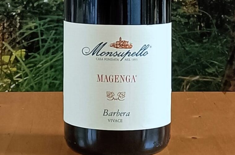 Wine bottle on a wooden table with a white label that reads Monsupello Magenga Barbera Vivace. Outdoors setting with greenery in the background.