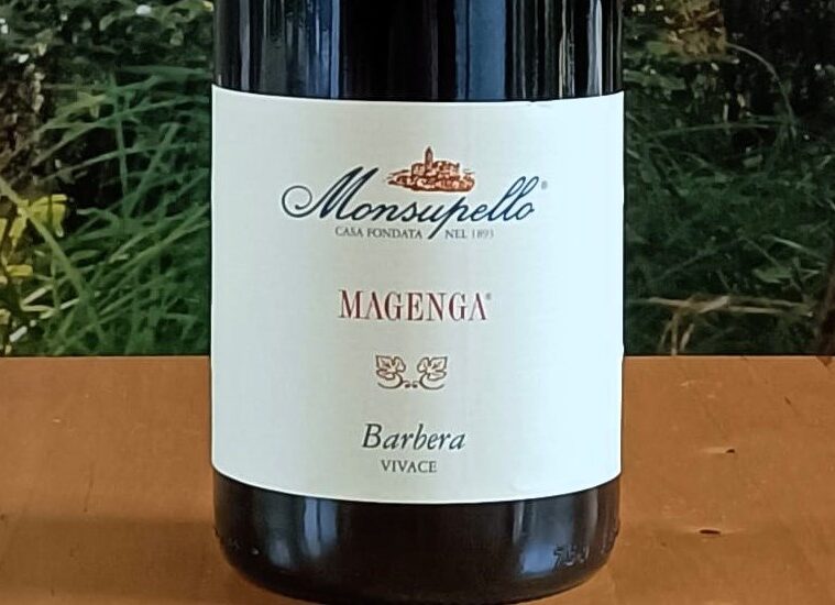 Wine bottle on a wooden table with a white label that reads Monsupello Magenga Barbera Vivace. Outdoors setting with greenery in the background.