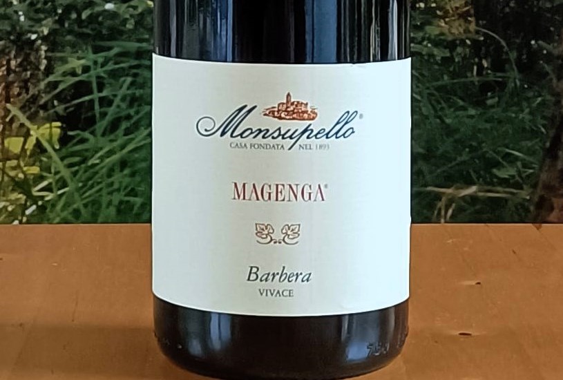 Wine bottle on a wooden table with a white label that reads Monsupello Magenga Barbera Vivace. Outdoors setting with greenery in the background.