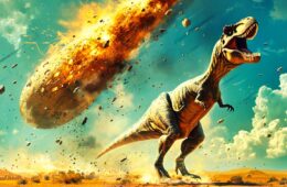 Roaring Tyrannosaurus rex in a dusty desert as a fiery meteor/asteroid explodes behind it, debris flying through the sky.