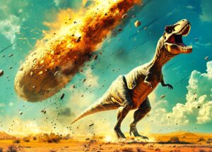 Roaring Tyrannosaurus rex in a dusty desert as a fiery meteor/asteroid explodes behind it, debris flying through the sky.