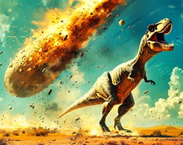 Roaring Tyrannosaurus rex in a dusty desert as a fiery meteor/asteroid explodes behind it, debris flying through the sky.