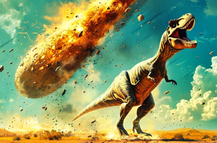 Roaring Tyrannosaurus rex in a dusty desert as a fiery meteor/asteroid explodes behind it, debris flying through the sky.