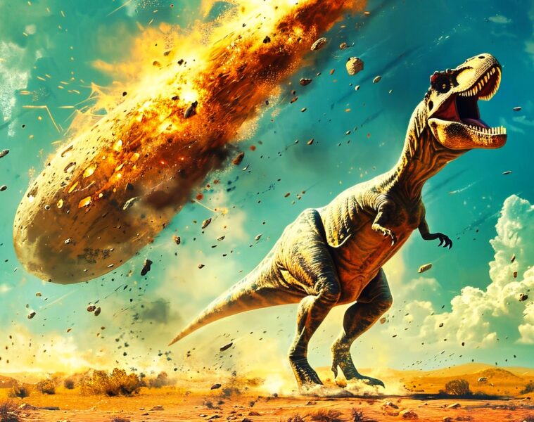 Roaring Tyrannosaurus rex in a dusty desert as a fiery meteor/asteroid explodes behind it, debris flying through the sky.
