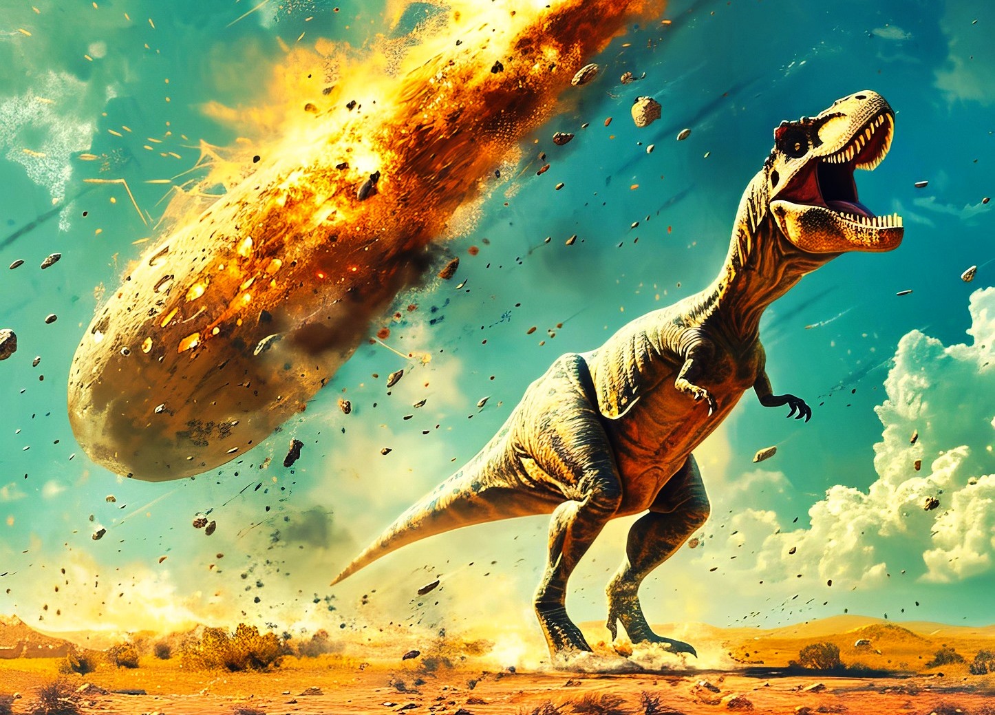 Roaring Tyrannosaurus rex in a dusty desert as a fiery meteor/asteroid explodes behind it, debris flying through the sky.