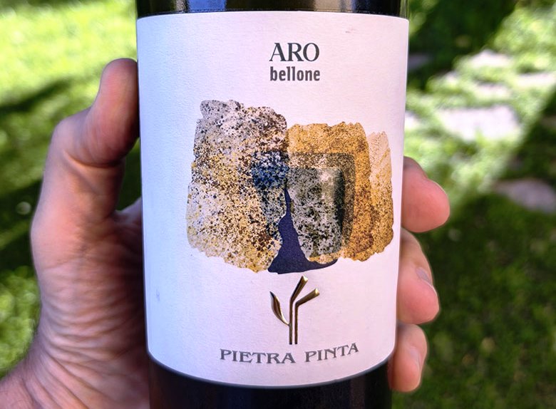 Hand holding a white-labeled wine bottle with 'ARO bellone' and 'PIETRA PINTA' on the label, outdoors in sunlight.