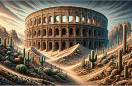 Surreal desert scene with a circular, ornate ancient amphitheater amid rolling dunes and tall cacti.