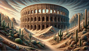 Surreal desert scene with a circular, ornate ancient amphitheater amid rolling dunes and tall cacti.