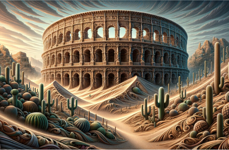 Surreal desert scene with a circular, ornate ancient amphitheater amid rolling dunes and tall cacti.