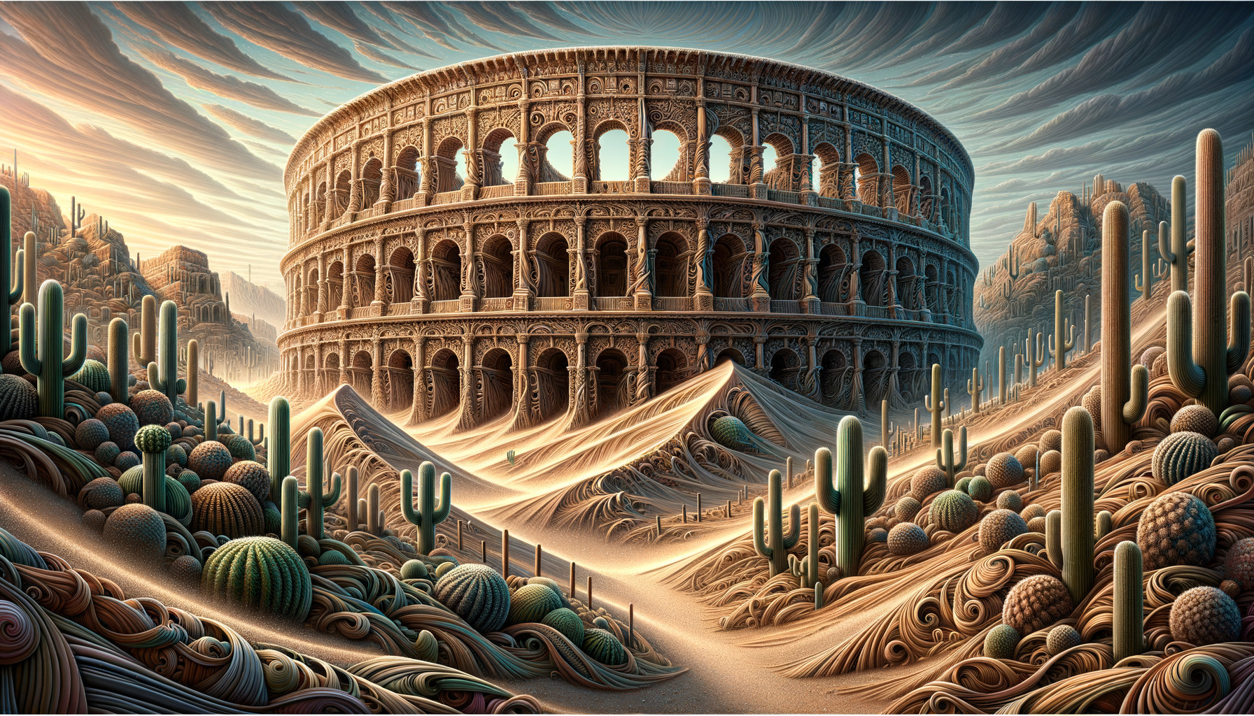 Surreal desert scene with a circular, ornate ancient amphitheater amid rolling dunes and tall cacti.
