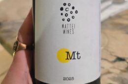 Close-up of a wine bottle label reading 'Mattei Wines' with a yellow circle around 'Mt' and decorative dots above, held by a hand; year 2025 visible on the label; outdoor background.