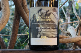 Wine bottle with label 'Vallée d'Aoste Chambave Muscat', featuring a mountain scene and gold accents among tree branches