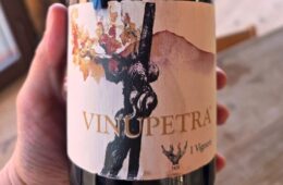 Wine bottle held by a hand, with a label showing an abstract tree and autumn leaves and vertical text.