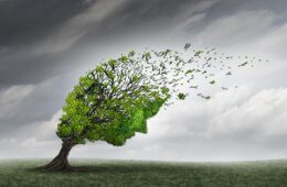 Tree shaped like a human head blowing green leaves into the sky as birds fly away from it in a grassy field.