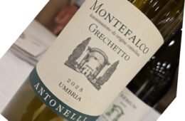 Close-up of a wine bottle on its side, cream label with teal border and a faint architectural illustration.