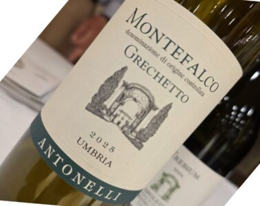 Close-up of a wine bottle on its side, cream label with teal border and a faint architectural illustration.