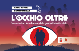 Teatro Povero di Monticchiello poster for 'L'Occhio Oltre' featuring a large stylized eye and silhouetted figures against a sunset gradient, promoting the event