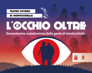 Teatro Povero di Monticchiello poster for 'L'Occhio Oltre' featuring a large stylized eye and silhouetted figures against a sunset gradient, promoting the event