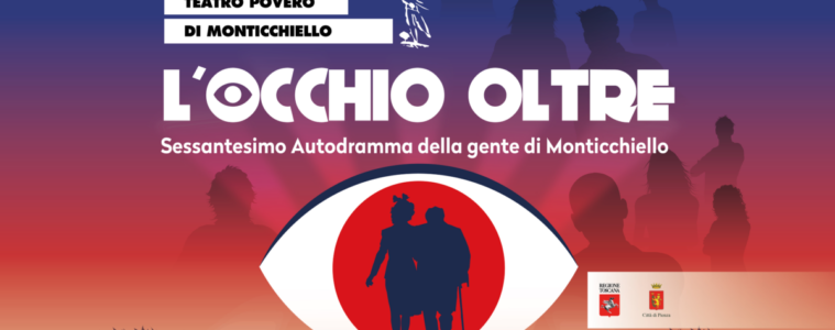Teatro Povero di Monticchiello poster for 'L'Occhio Oltre' featuring a large stylized eye and silhouetted figures against a sunset gradient, promoting the event