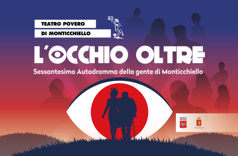 Teatro Povero di Monticchiello poster for 'L'Occhio Oltre' featuring a large stylized eye and silhouetted figures against a sunset gradient, promoting the event