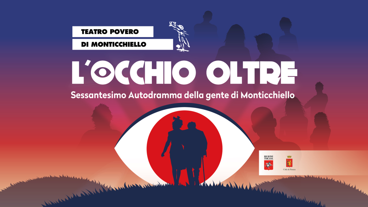 Teatro Povero di Monticchiello poster for 'L'Occhio Oltre' featuring a large stylized eye and silhouetted figures against a sunset gradient, promoting the event