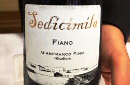 Close-up of a wine bottle label held by a hand; cursive brand name and the word 'Fiano' visible on the label, with part of a map graphic at the bottom edge menacingly.