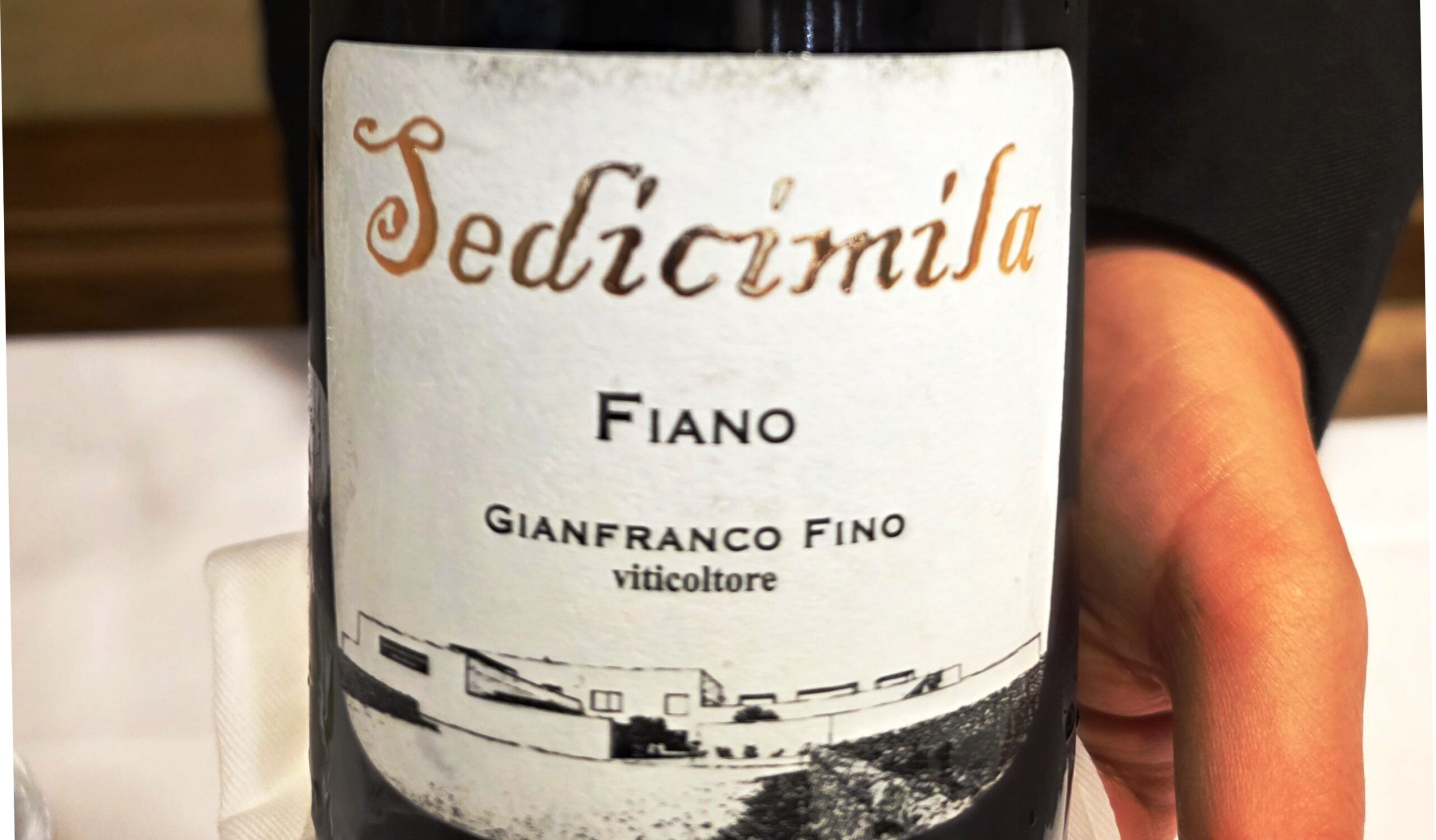 Close-up of a wine bottle label held by a hand; cursive brand name and the word 'Fiano' visible on the label, with part of a map graphic at the bottom edge menacingly.