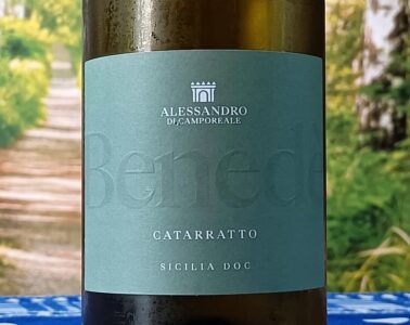 Wine bottle label: Alessando di Camporeale Catarratto Sicilia DOC, outdoor scene in soft focus