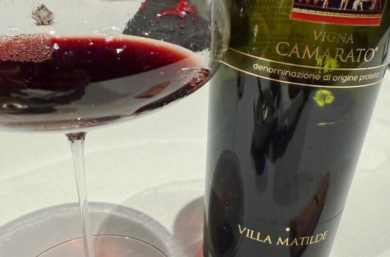Wine bottle labeled Villa Matilde, Vigna Camarato, gently poured red wine in a glass beside it on a white table.