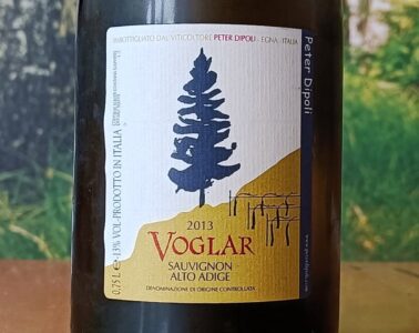 Wine bottle label: 2013 Voglar Sauvignon Alto Adige by Peter Dipoli, featuring a blue tree graphic on a tan hillside.