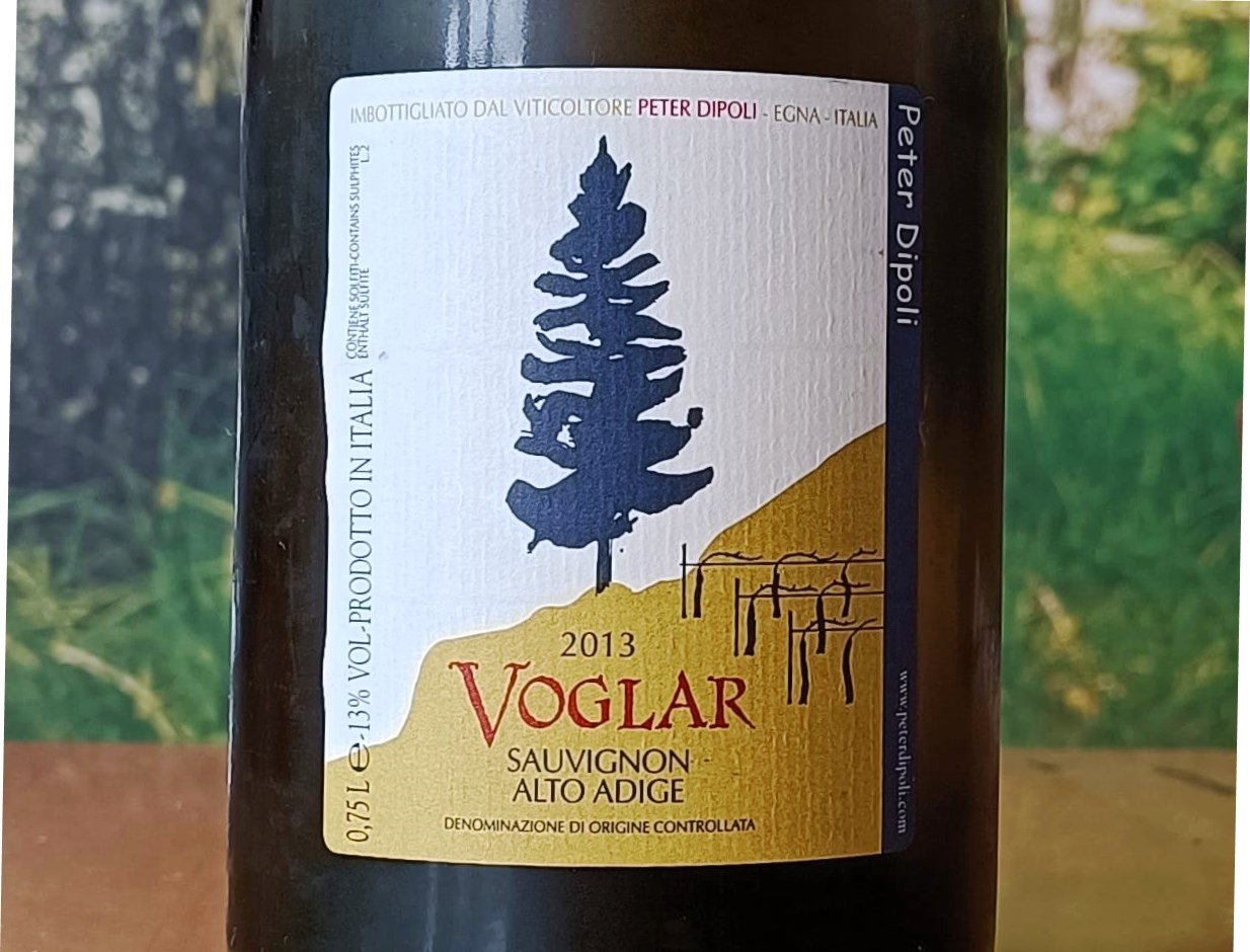 Wine bottle label: 2013 Voglar Sauvignon Alto Adige by Peter Dipoli, featuring a blue tree graphic on a tan hillside.